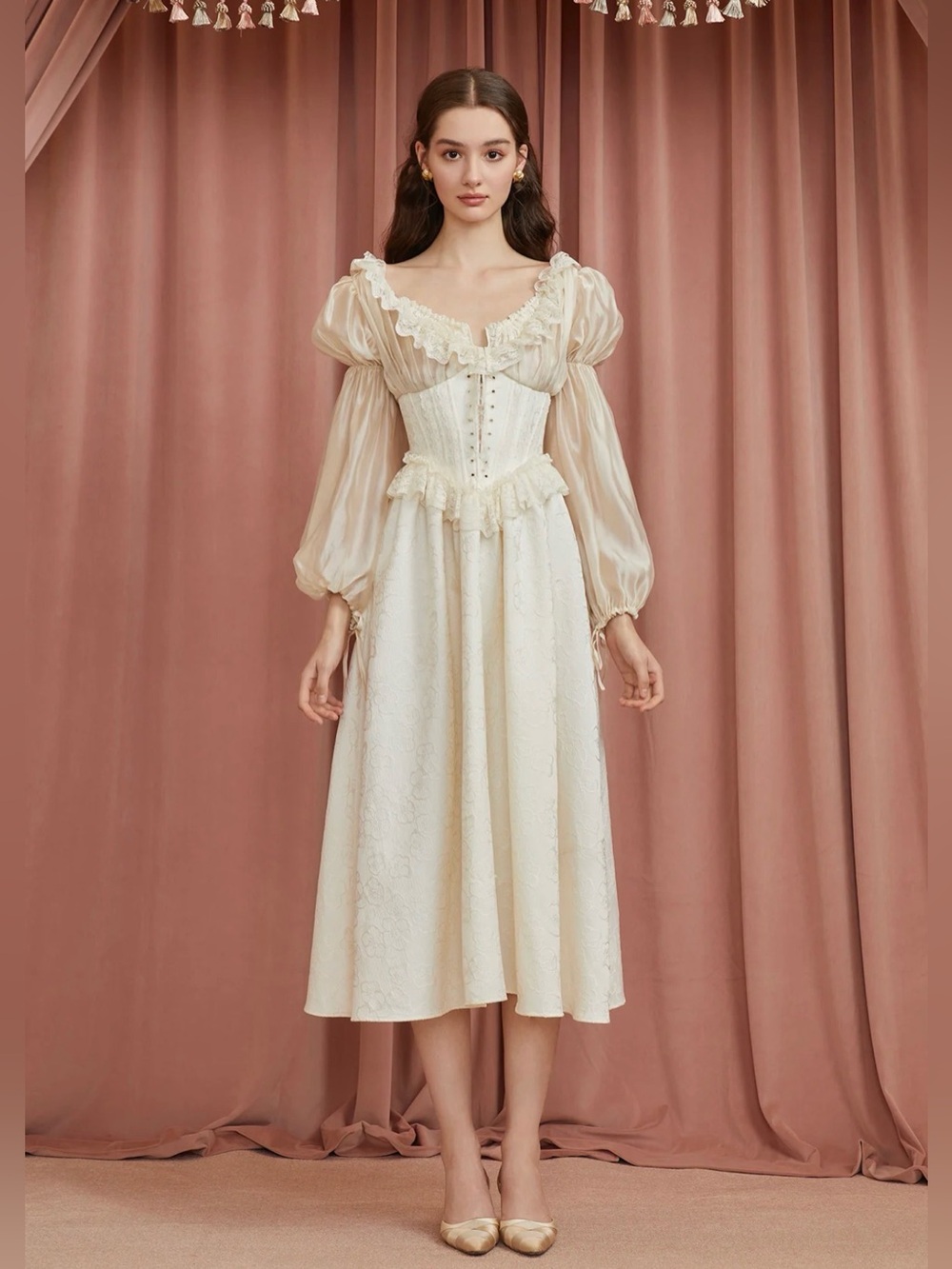 Ivory Whimsical Lace-Trim Midi Dress with Puff Sleeves US Size 12-14 (1X) NEW